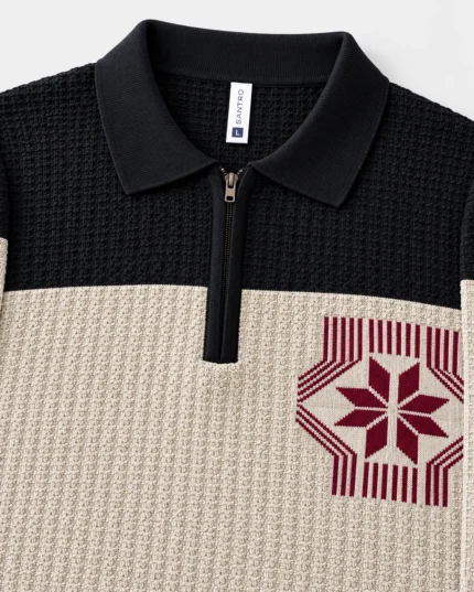 Geometric Chest Panel Textured Zip Polo T-Shirt product gallery view