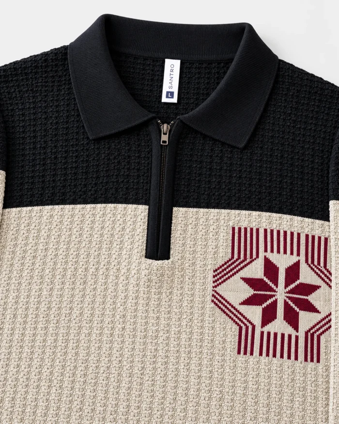 Geometric Chest Panel Textured Zip Polo T-Shirt product gallery view