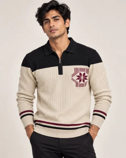Geometric Chest Panel Textured Zip Polo T-Shirt product gallery view
