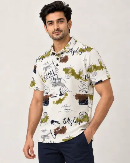 Sansiro Abstract Script Printed Polo T-Shirt - Cream featured product view
