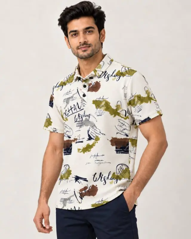 Sansiro Abstract Script Printed Polo T-Shirt - Cream featured product view