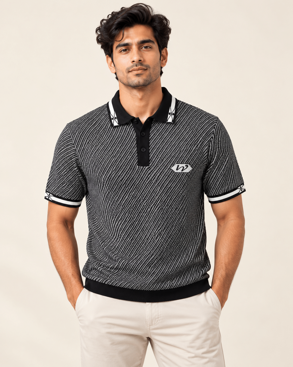 Sansiro Men's Diagonal Textured Knit Polo T-Shirt - Black - Featured Product View Sansiro Men's Diagonal Textured Knit Polo T-Shirt - Black featured product view