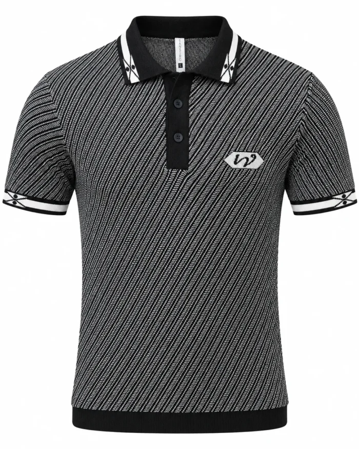 Sansiro Men's Diagonal Textured Knit Polo T-Shirt - Black product gallery view