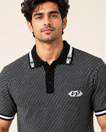 Sansiro Men's Diagonal Textured Knit Polo T-Shirt - Black product gallery view