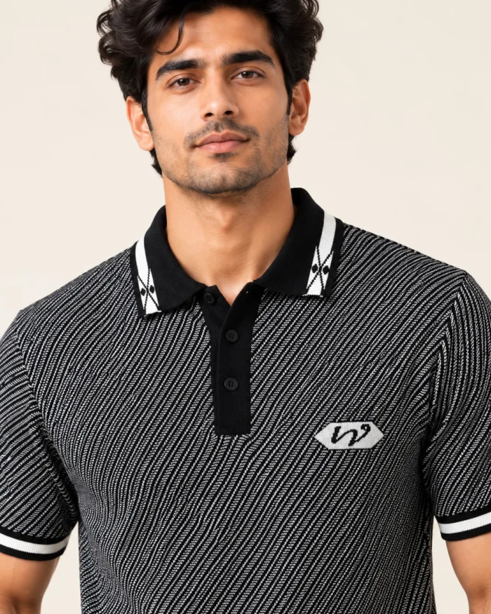 Sansiro Men's Diagonal Textured Knit Polo T-Shirt - Black product gallery view
