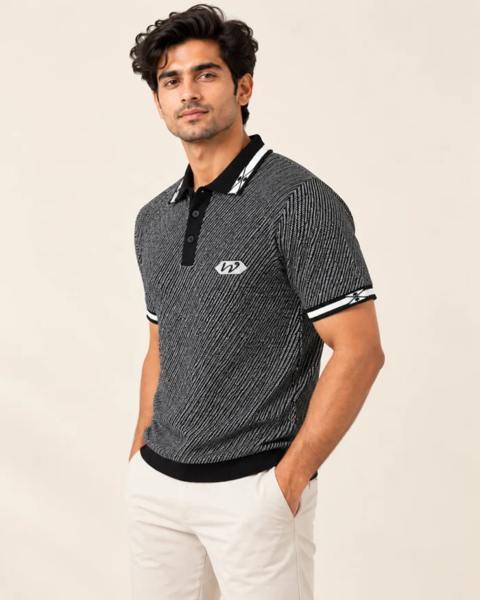 Sansiro Men's Diagonal Textured Knit Polo T-Shirt - Black product gallery view