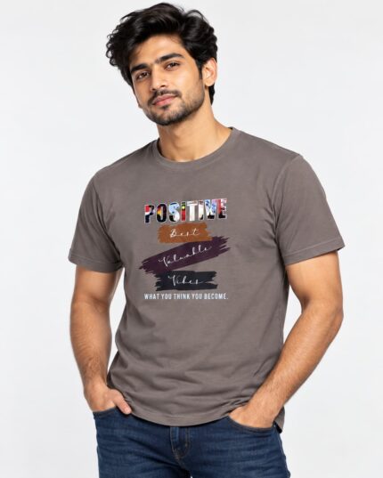 Sansiro Positive Vibes Graphic Crew Neck T-Shirt - Stone Grey featured product view