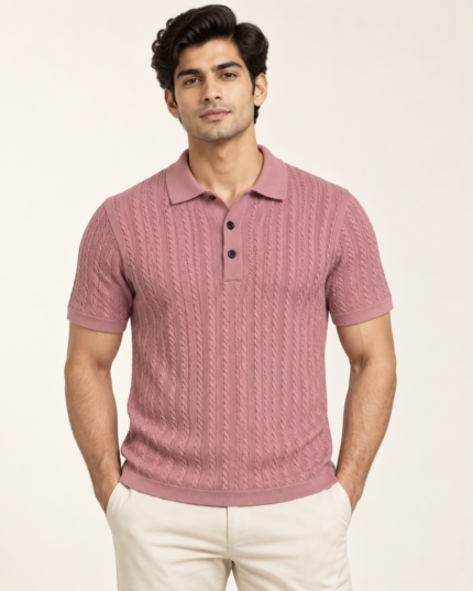 WildAss Cable Knit Textured Polo T-Shirt - Pink featured product view