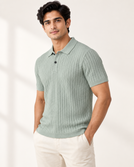 WildAss Cable Knit Textured Polo T-Shirt - Pista featured product view