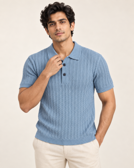 WildAss Cable Knit Textured Polo T-Shirt - Sky Blue featured product view