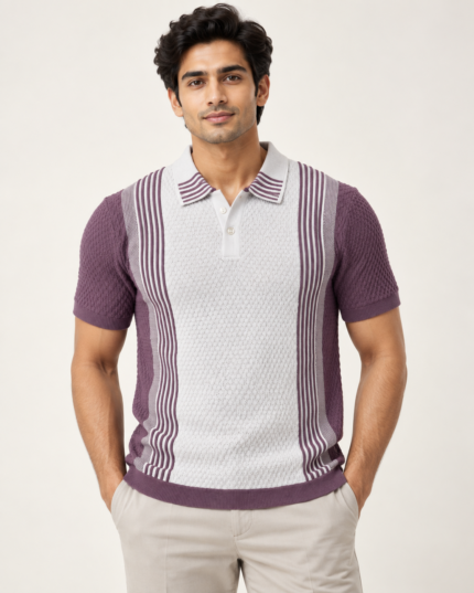 WildAss Heritage Panel Textured Knit Polo T-Shirt - Purple featured product view