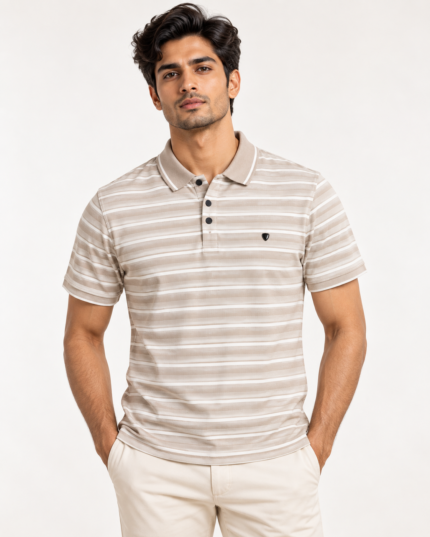 WildAss Horizontal Stripe Polo T-Shirt - Warm Beige featured product view