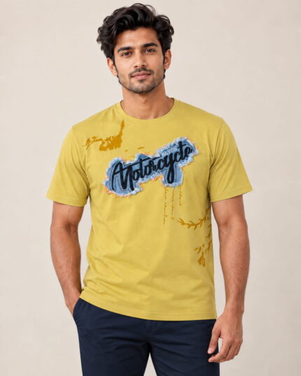 WildAss Men's Denim Appliqué Graphic Crew Neck T-Shirt - Yellow product gallery view