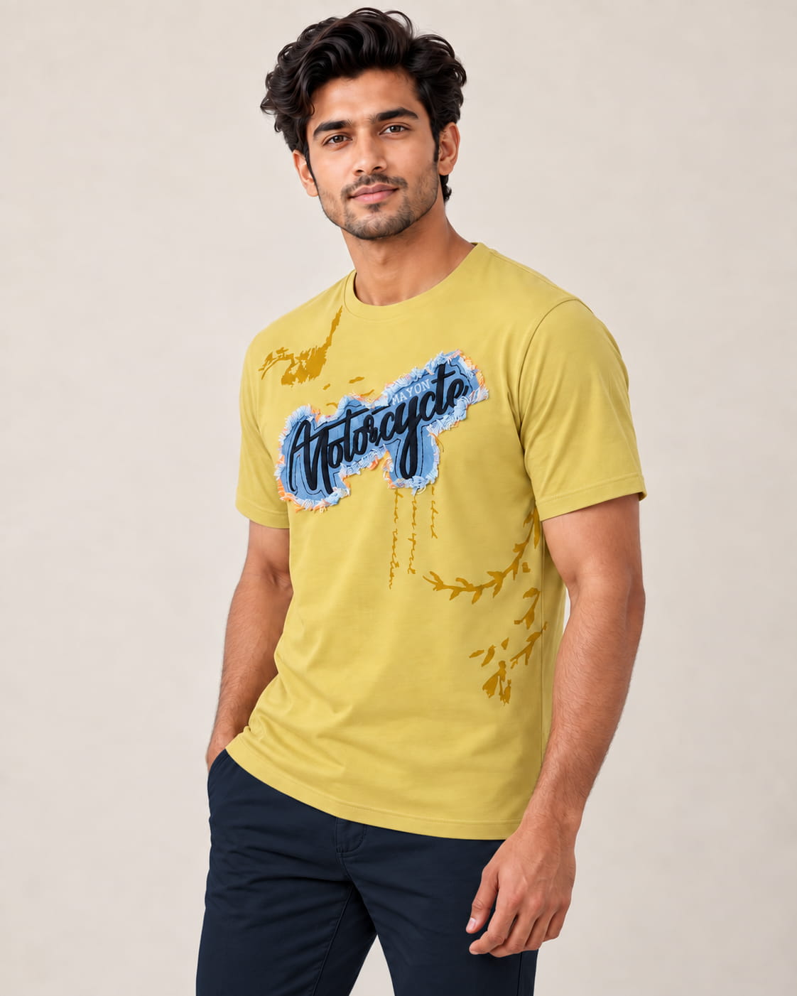 WildAss Men's Denim Appliqué Graphic Crew Neck T-Shirt - Yellow - Product Gallery View WildAss Men's Denim Appliqué Graphic Crew Neck T-Shirt - Yellow product gallery view