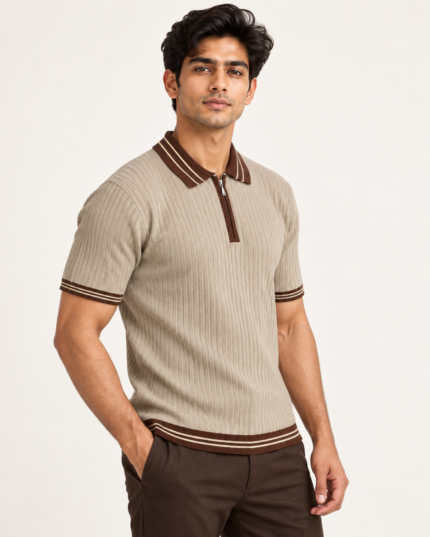 WildAss Ribbed Zip Polo T-Shirt - Fawn featured product view