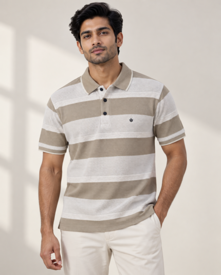 WildAss Textured Block Stripe Polo T-Shirt - Fawn product gallery view