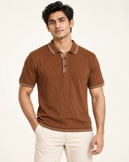 WildAss Textured Knit Polo T-Shirt in Cinnamon Brown - product gallery image 3