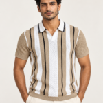 WildAss Vertical Stripe Knitted Polo T-Shirt - Camel Beige featured product view