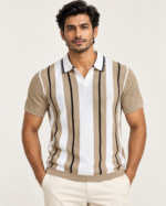 WildAss Vertical Stripe Knitted Polo T-Shirt - Camel Beige featured product view