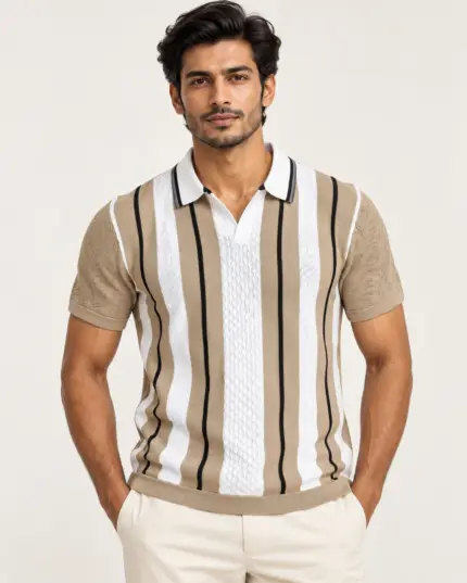 WildAss Vertical Stripe Knitted Polo T-Shirt - Camel Beige featured product view