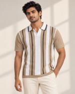 WildAss Vertical Stripe Knitted Polo T-Shirt - Camel Beige product gallery view