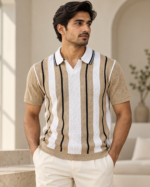 WildAss Vertical Stripe Knitted Polo T-Shirt - Camel Beige product gallery view