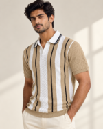 WildAss Vertical Stripe Knitted Polo T-Shirt - Camel Beige product gallery view