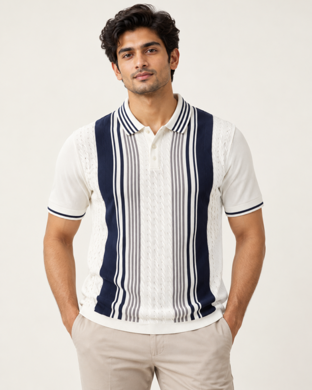 WildAss Vertical Stripe Textured Knit Polo T-Shirt - Black featured product view