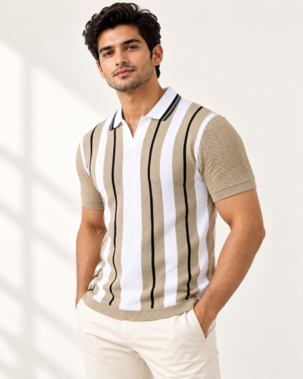 WildAss Vertical Stripe Textured Knit Polo T-Shirt - Cream featured product view