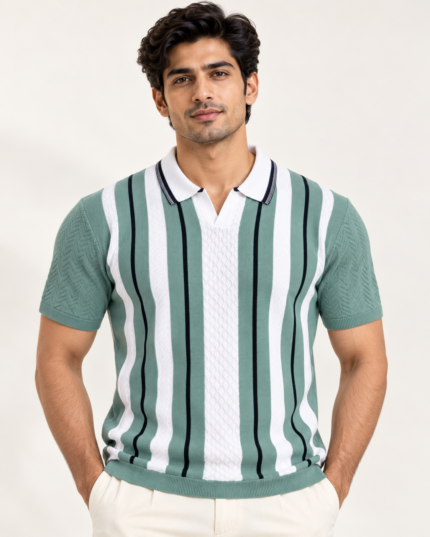 WildAss Vertical Stripe Textured Knit Polo T-Shirt - Sea Green featured product view