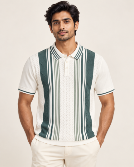 WildAss Vertical Stripe Textured Knit Polo T-Shirt - Sea Green featured product view